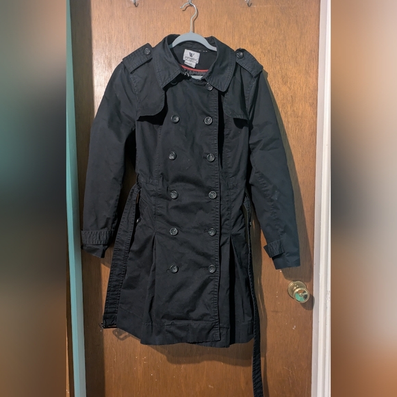 Women's Black Trench Coat Pea Coat Knee Length Worthington Size Large - Picture 3 of 11
